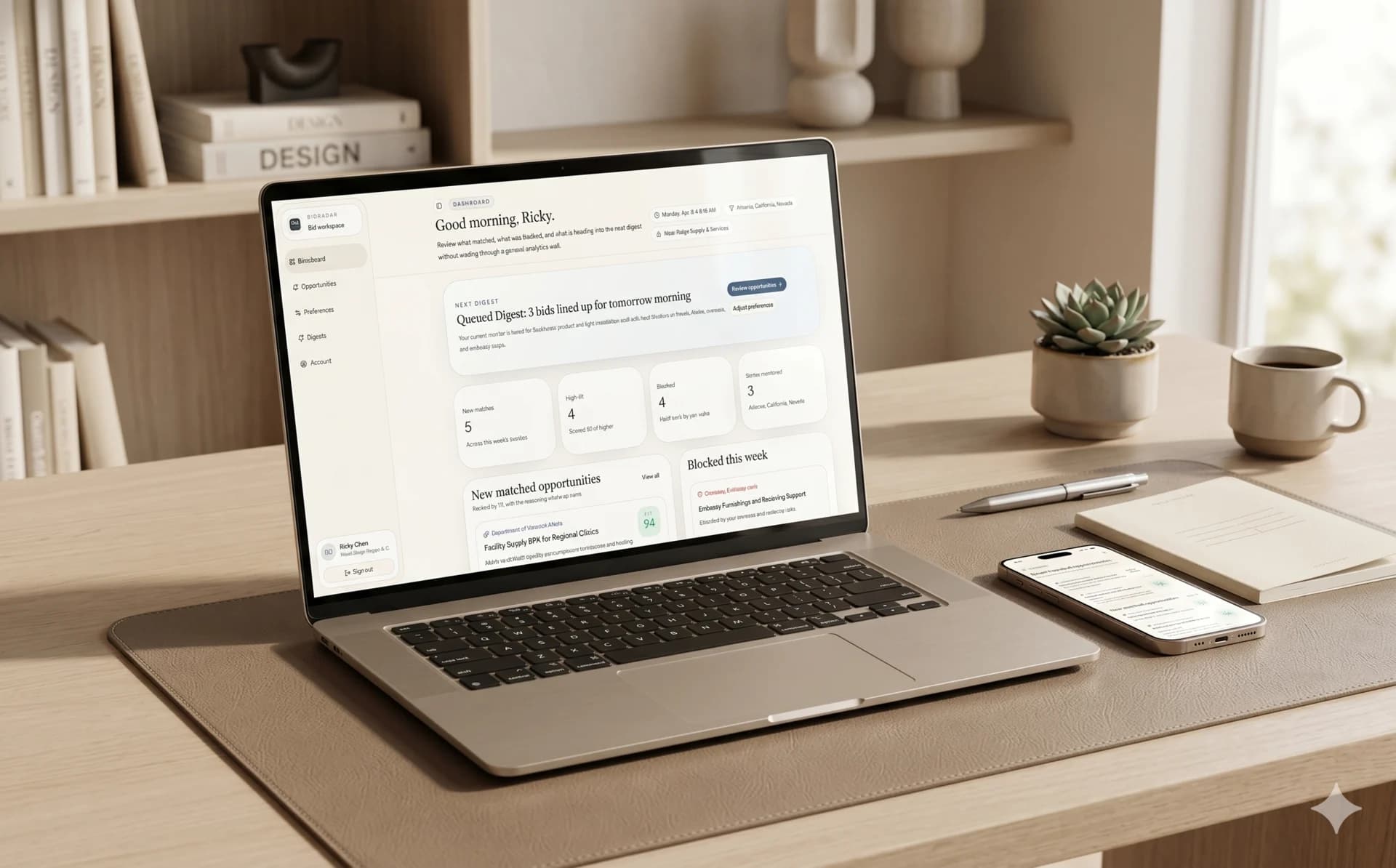 BidRadar shown on a laptop and phone in a refined workspace.