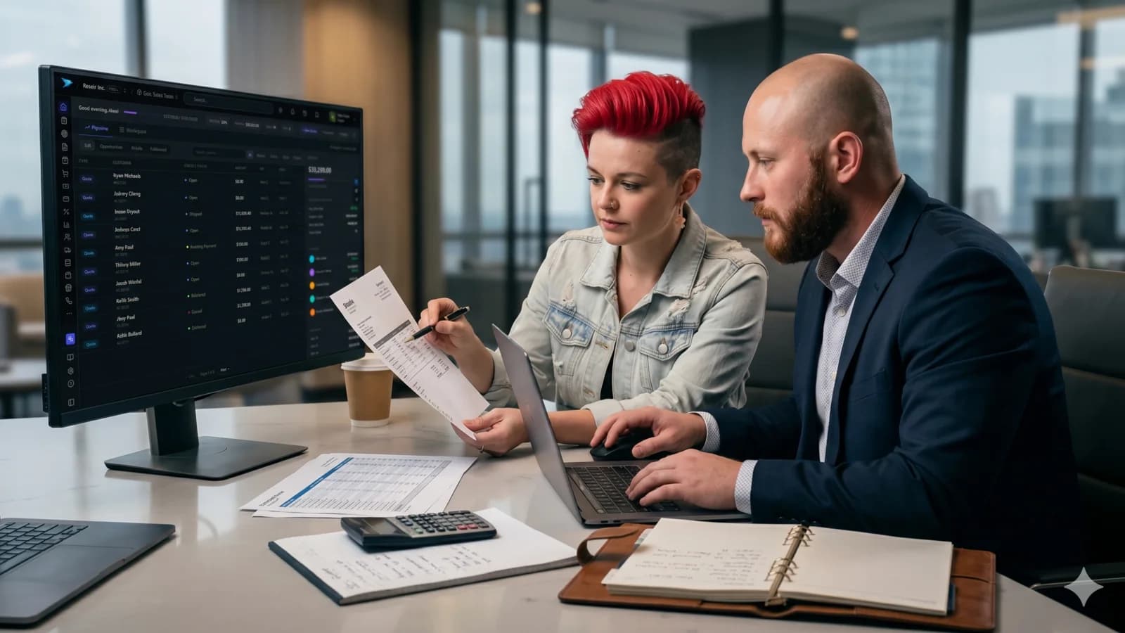 A pricing and operations review session with quote documents and software in view.