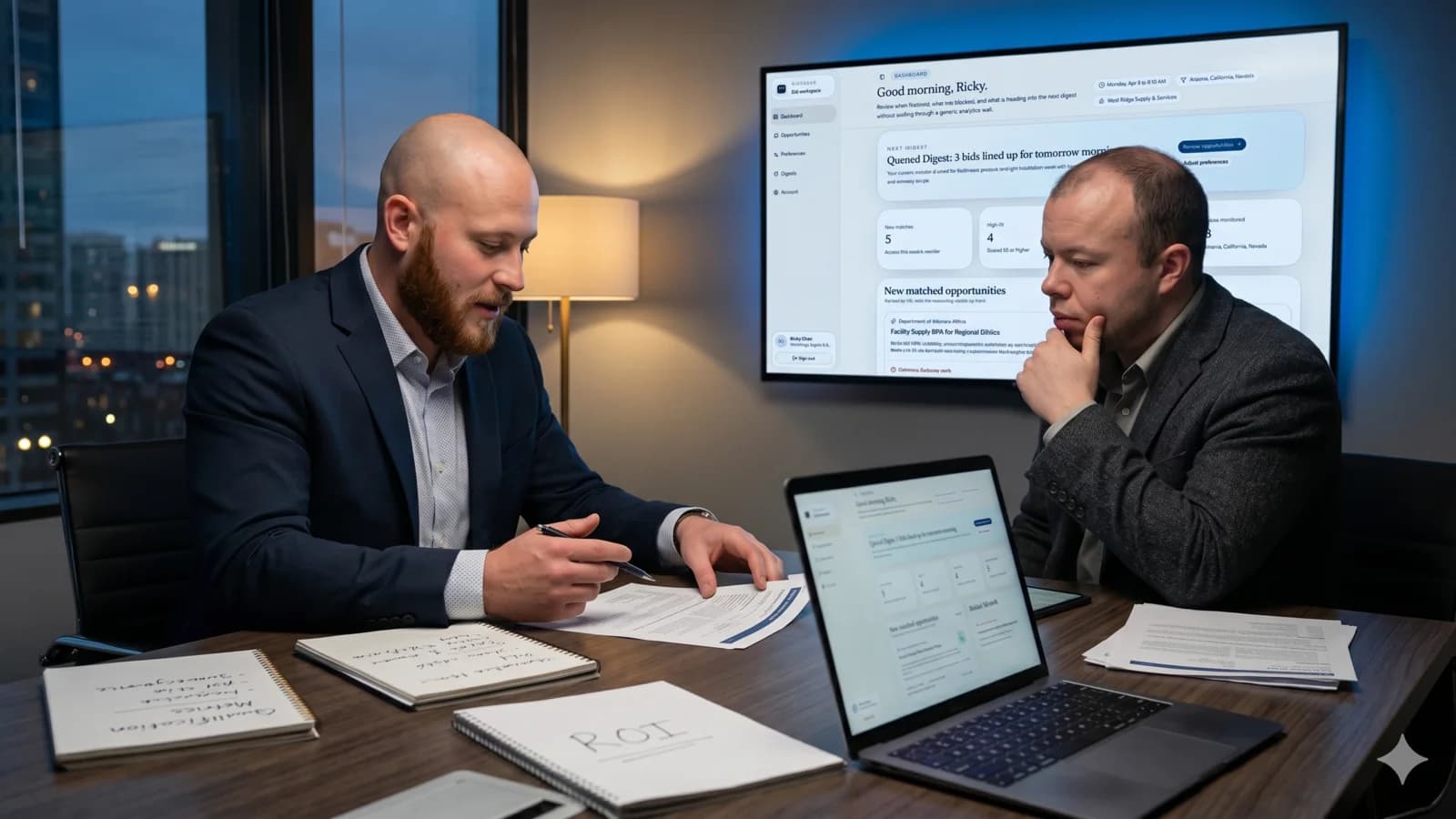 A team reviewing opportunity listings and qualification signals on a large screen.