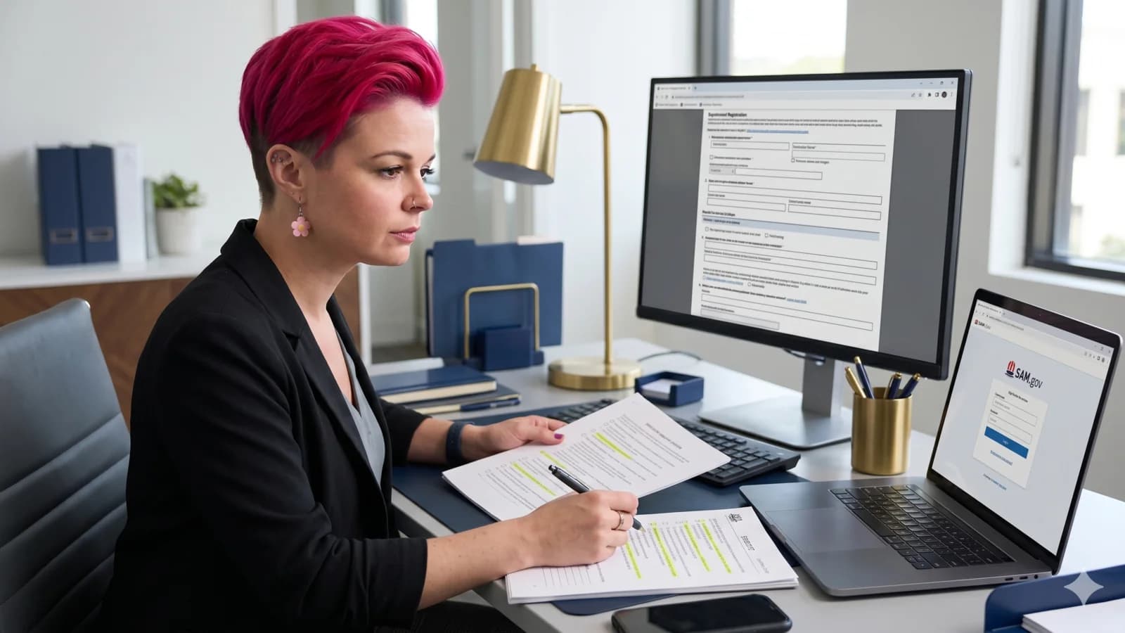 A founder working through a federal registration workflow with notes and screens nearby.