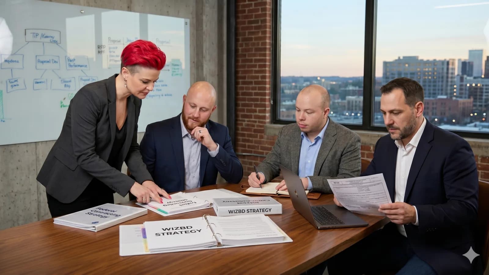 The WizBd team gathered around a table in a premium planning session.