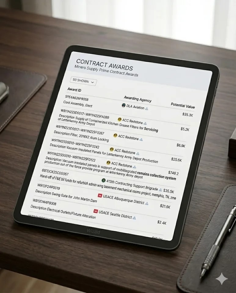 A proof-oriented image showing real contract award lines on a tablet.